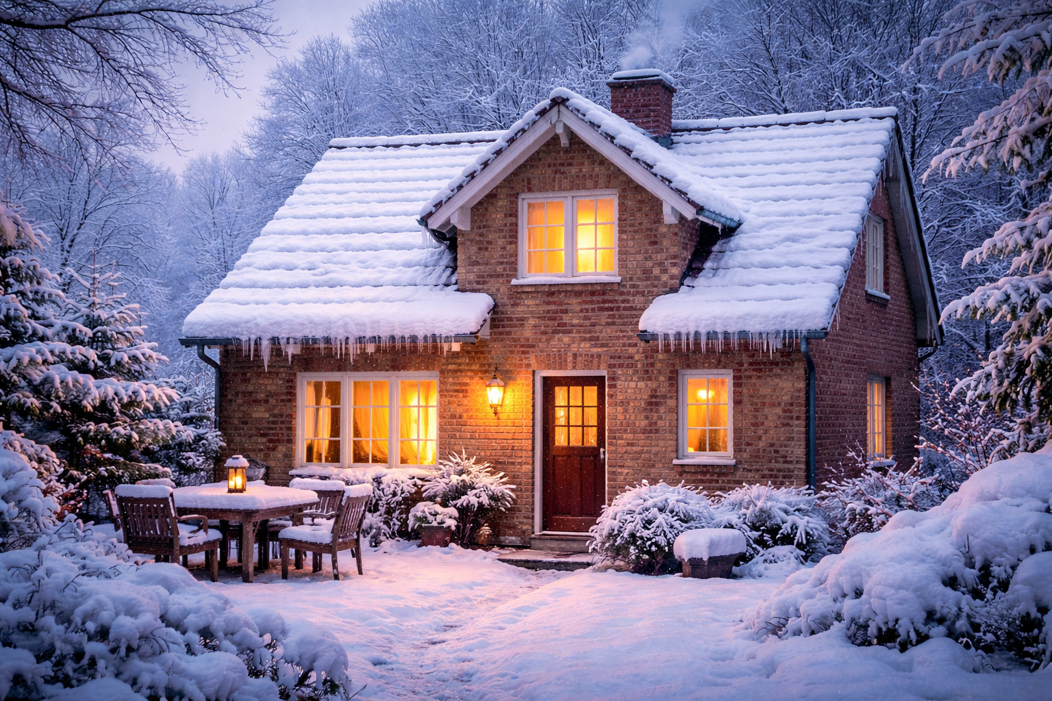 Hyggeligt murstenshus dækket af sne om vinteren med varmt lys i vinduerne – eksempel på bolig hvor god isolering holder kulden ude.